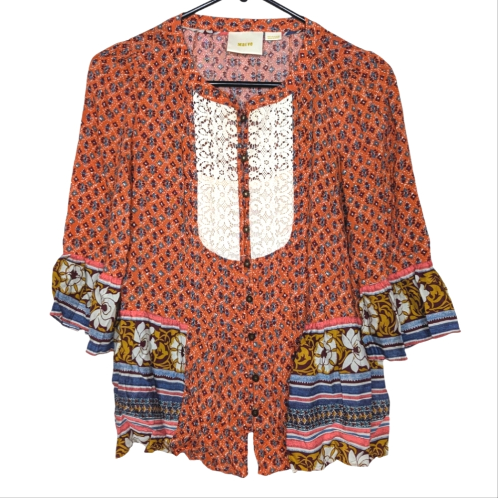 Maeve by Anthropologie Hiver Blouse Orange Cream Boho Button Down Top Size 0